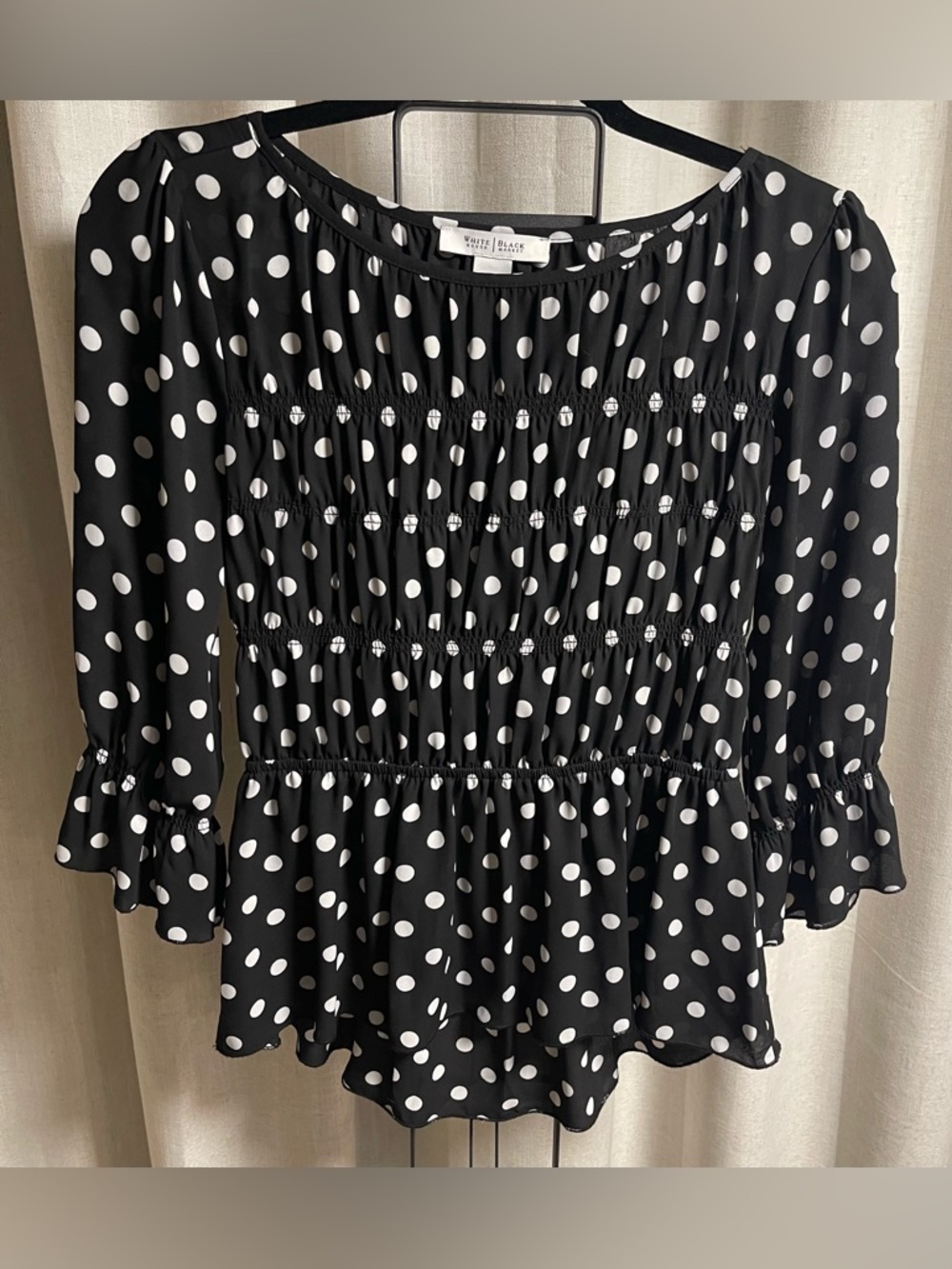 White House Black Market Black & White Polka Dot Smocked Peplum Blouse
